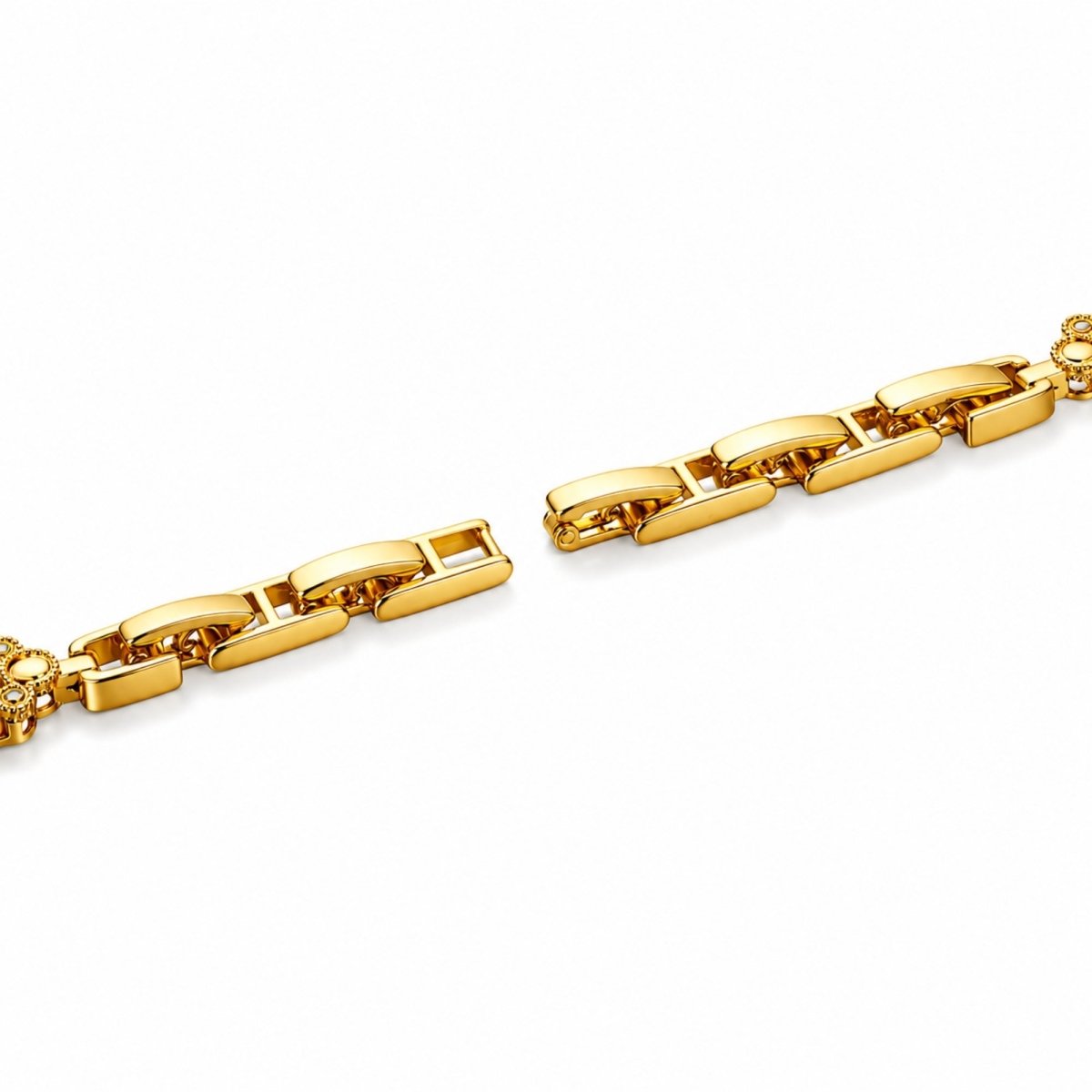 Detailed view of the adjustable gold stainless steel jewelry clasp on the Kouvr women's bracelet watch.