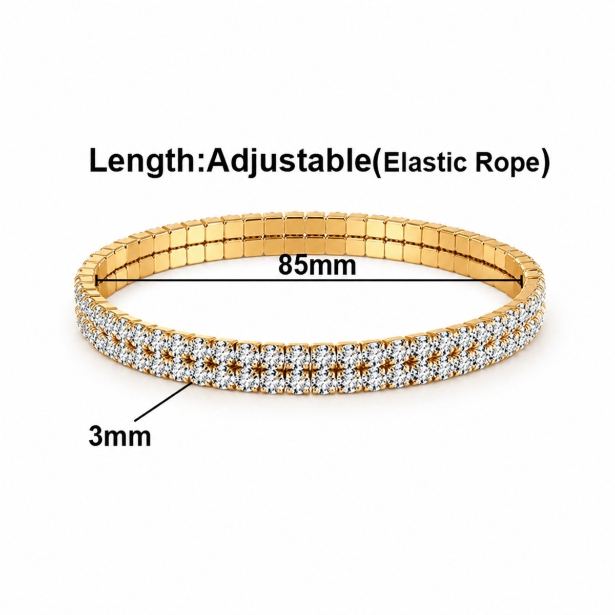 Technical dimensions diagram showing the Kouvr stretch bracelet with an 85mm diameter, 3mm width, and callouts highlighting the adjustable elastic rope design.