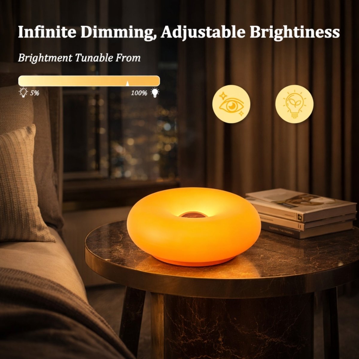 Warm ambient bedside lamp in donut shape on nightstand, dimmable LED lighting for cozy reading atmosphere.
