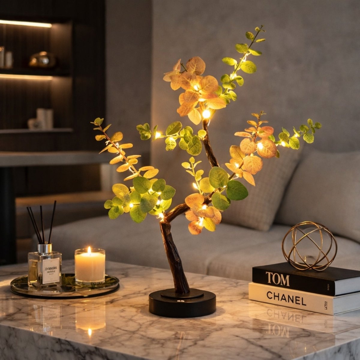 Illuminated artificial plant lamp providing cozy ambient bedroom lighting on a nightstand next to a digital clock and decor.