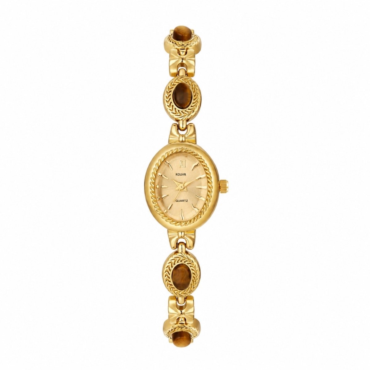 Direct front view of the Kouvr women's gold tone watch with a textured gold dial, quartz movement, and exquisite tiger eye bracelet detailing.