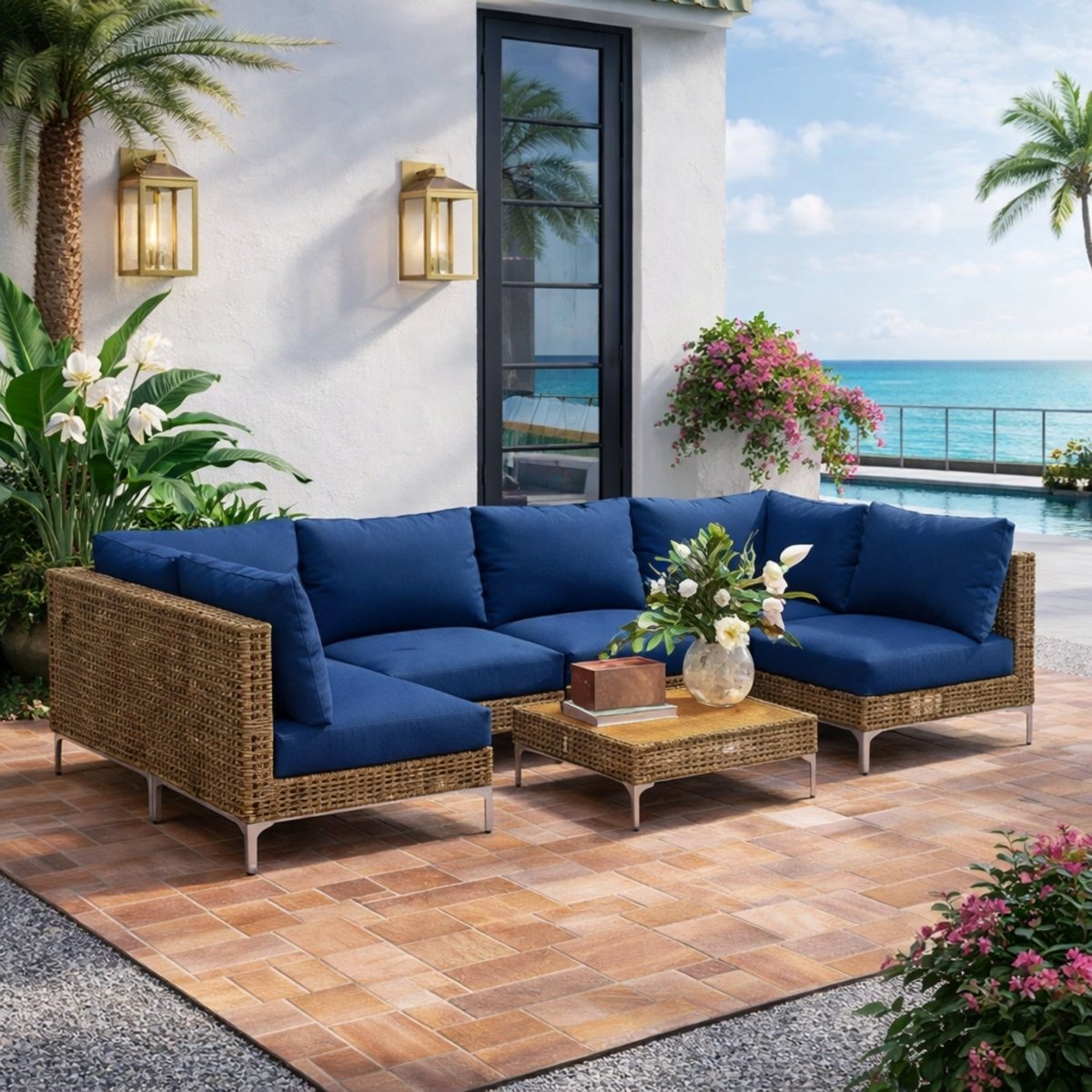 Luxury blue U-shaped rattan outdoor sofa with matching coffee table staged by a modern swimming pool
