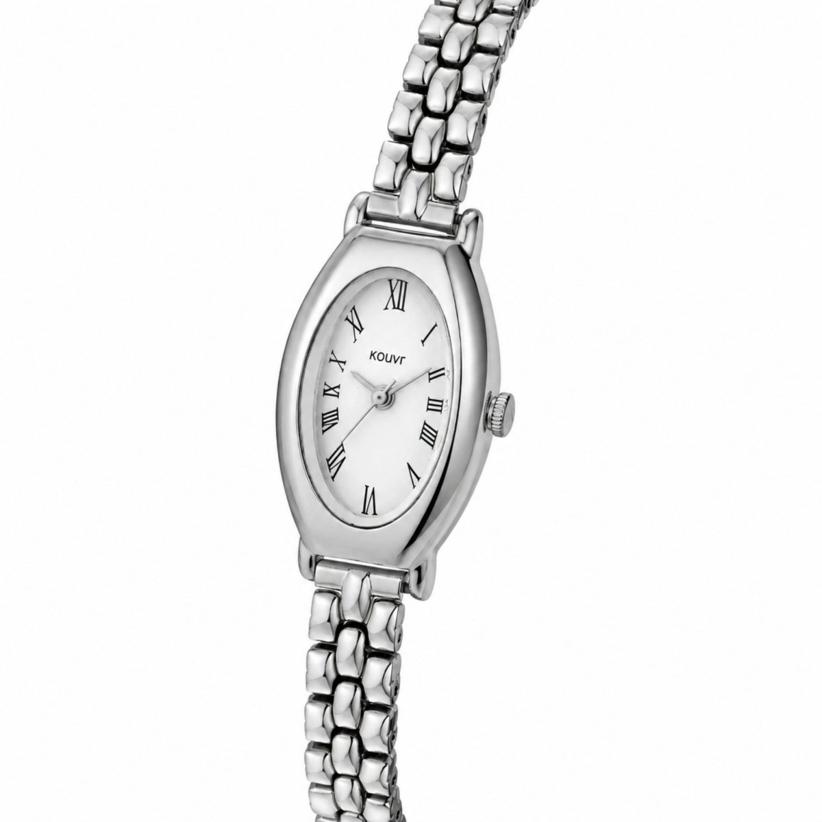 Angled profile of the delicate silver interlocking link bracelet and sleek oval casing of the Kouvr women's watch.