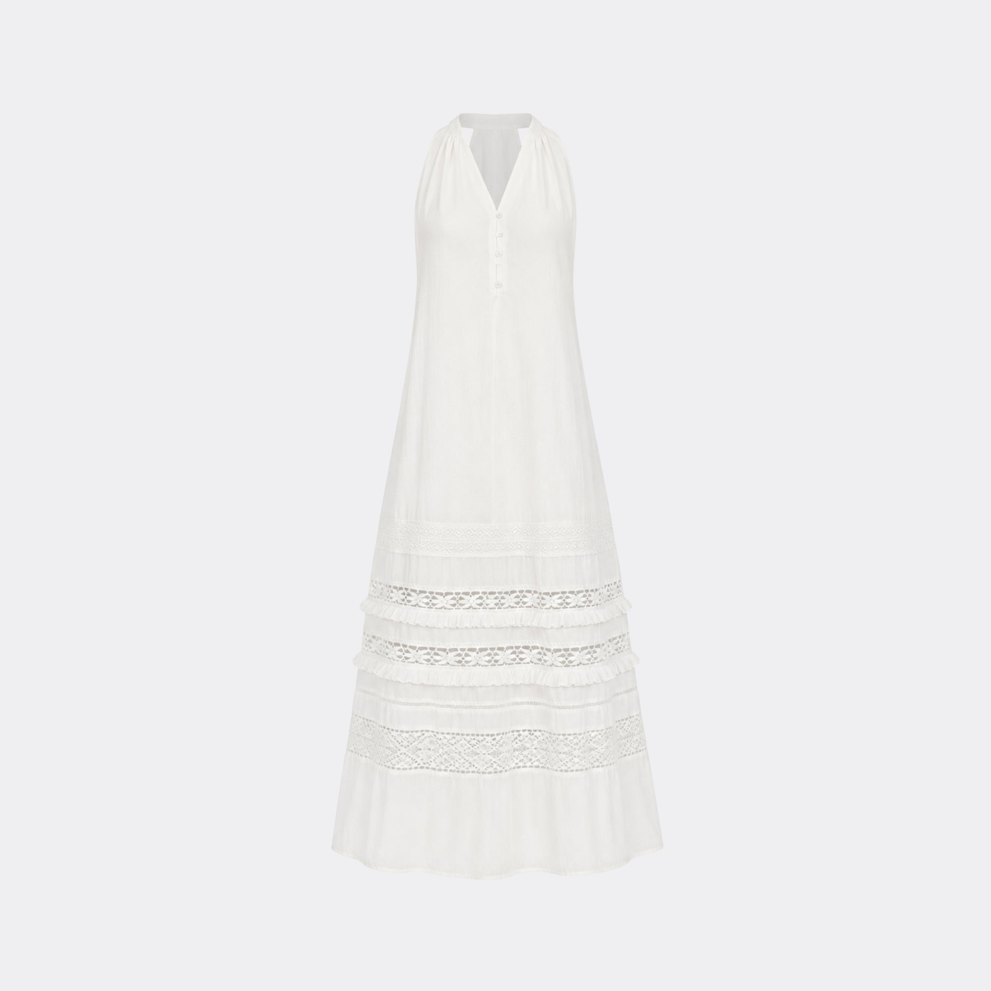 Ghost mannequin front view of the white long resort wear dress featuring a v-neck and small button detailing.