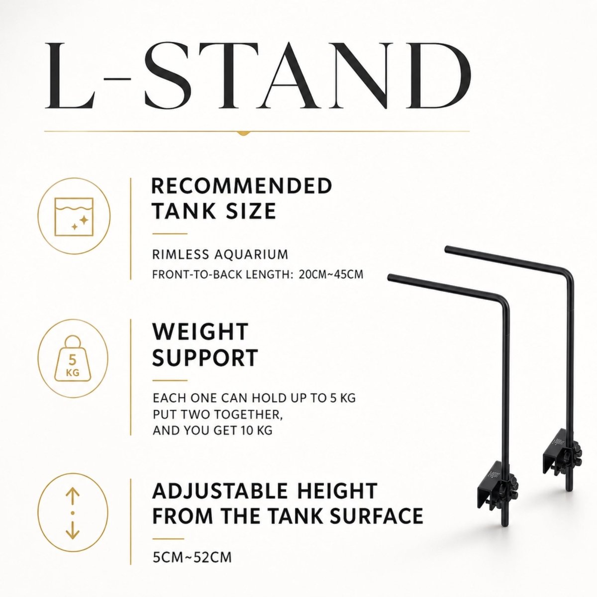 Technical specifications showing 5kg to 10kg weight support for the Kouvr heavy duty aquarium light mounting bracket.
