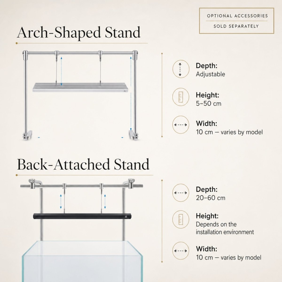 A high-end display plaque titled "Arch-Shaped Stand" and "Back-Attached Stand" for aquarium light mounting, set against a marble-patterned background with gold accents. The top features an illustrated 'Arch-Shaped Stand' with dimensional arrows and text on the right: 'Depth: Adjustable', 'Height: 5–50 cm', 'Width: 10 cm – varies by model', accompanied by depth, height, and width icons. The lower part features an illustrated 'Back-Attached Stand' with similar dimensional arrows and text: 'Depth: 20–60 cm', '