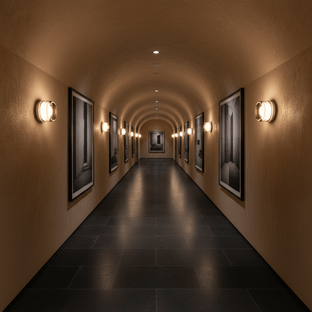 A low-profile round glass wall sconce casting a warm downlight along a smooth, curved beige corridor with a skyligh