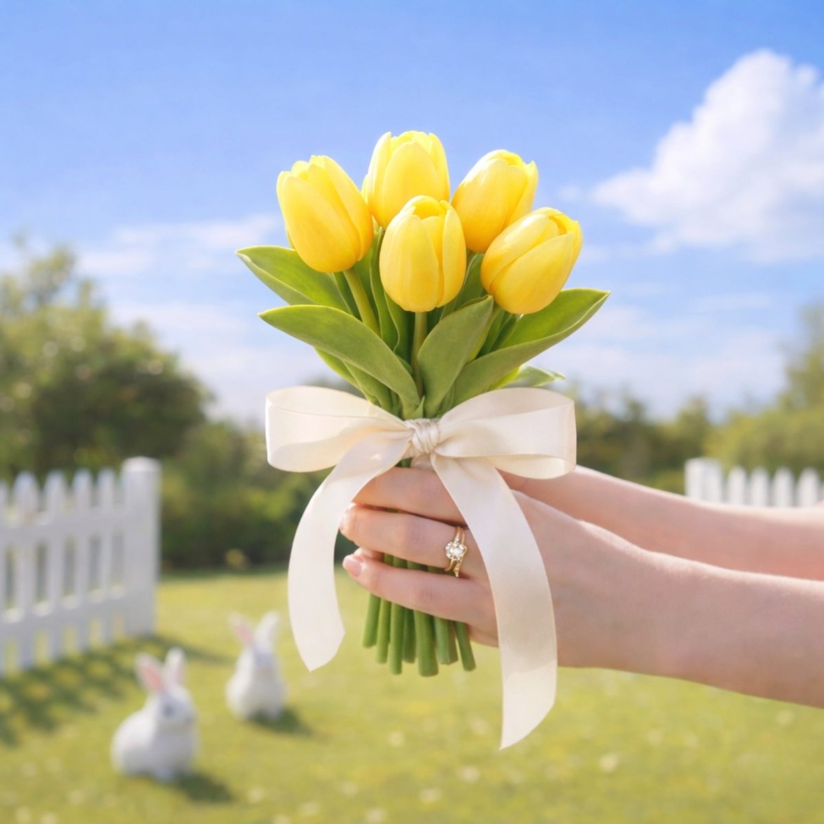 Hands delicately present a classic-sized bouquet of vibrant artificial yellow tulips tied with a large cream ribbon. The grassy lawn background includes two decorative white bunnies and a white picket fence.