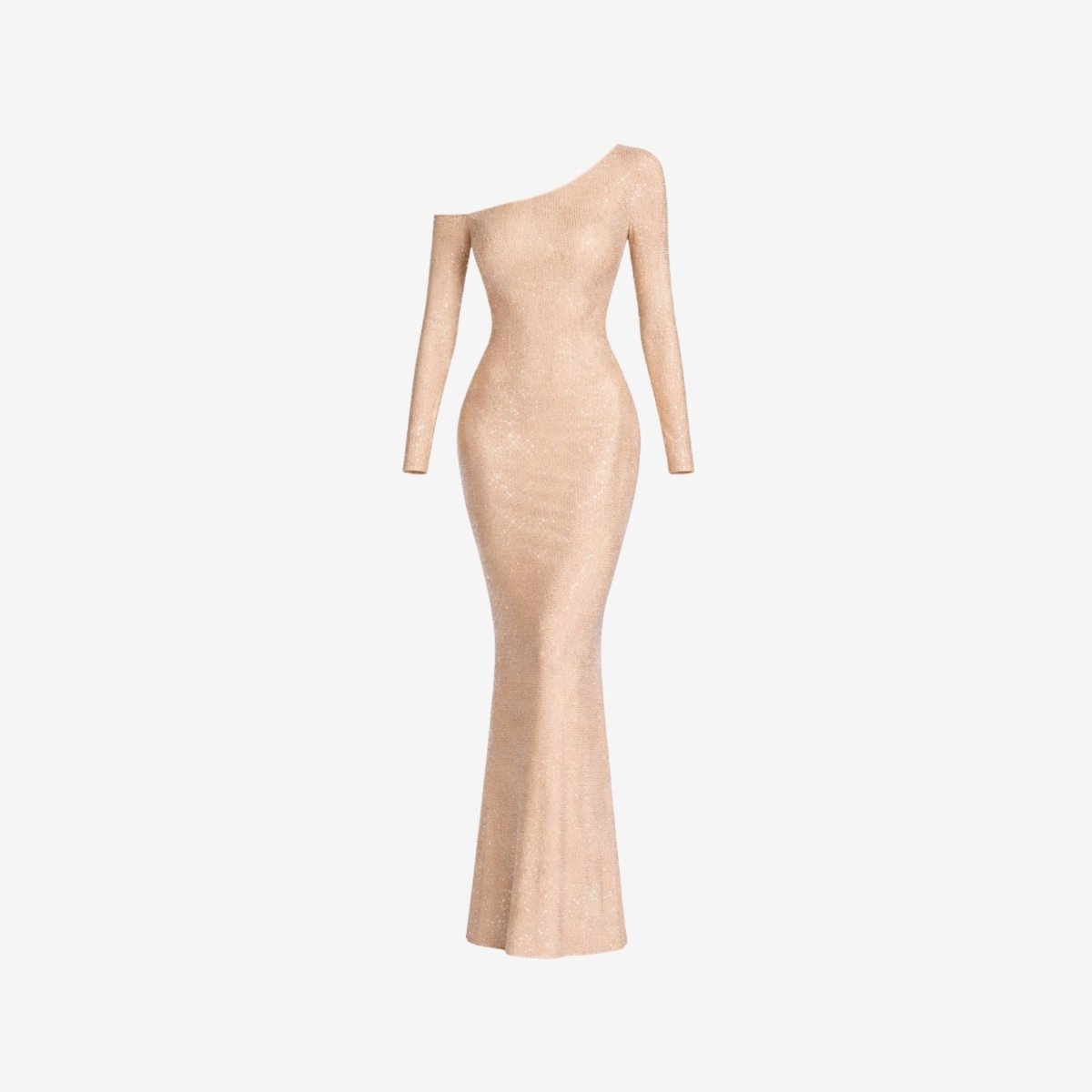 Ghost mannequin front view of champagne shimmer form fitting luxury evening gown