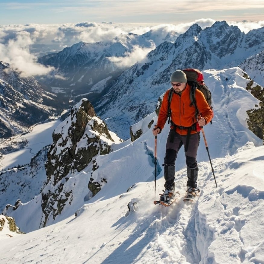 Professional hiker using G2 Gether snowshoes and poles to navigate a steep, snowy mountain ridge.