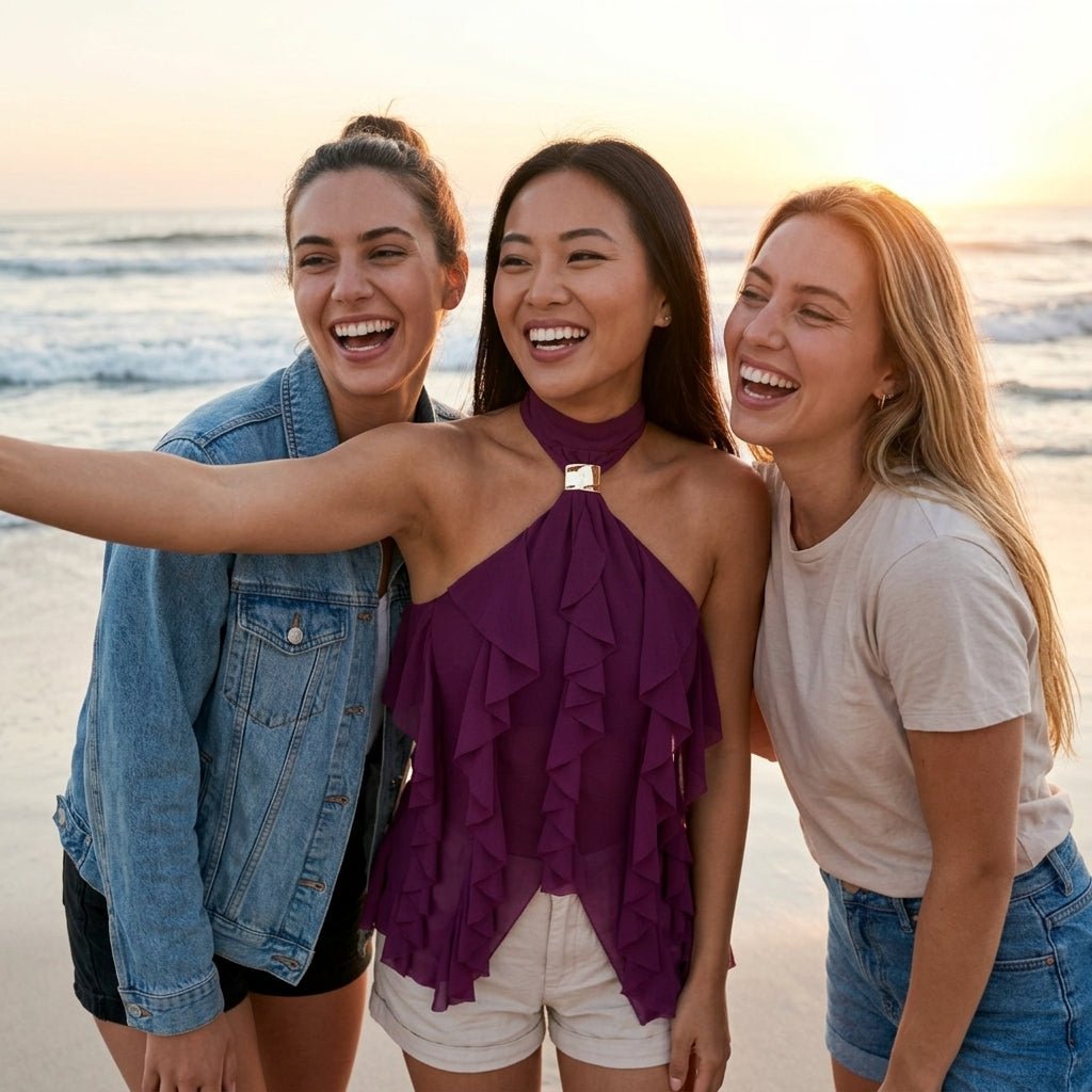 Three friends taking a selfie at the beach at sunset, center woman wearing Kouvr magenta sheer ruffle halter top.