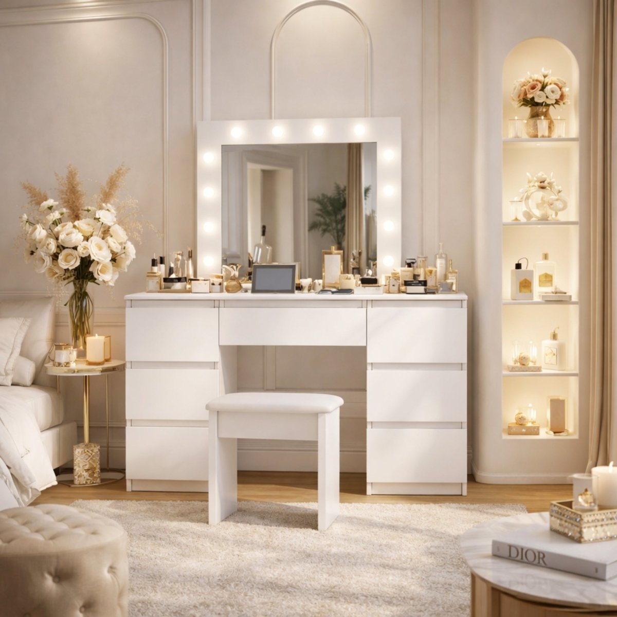 Front lifestyle view of a white beauty station vanity set styled with luxurious cosmetics and a plush matching seating stool.
