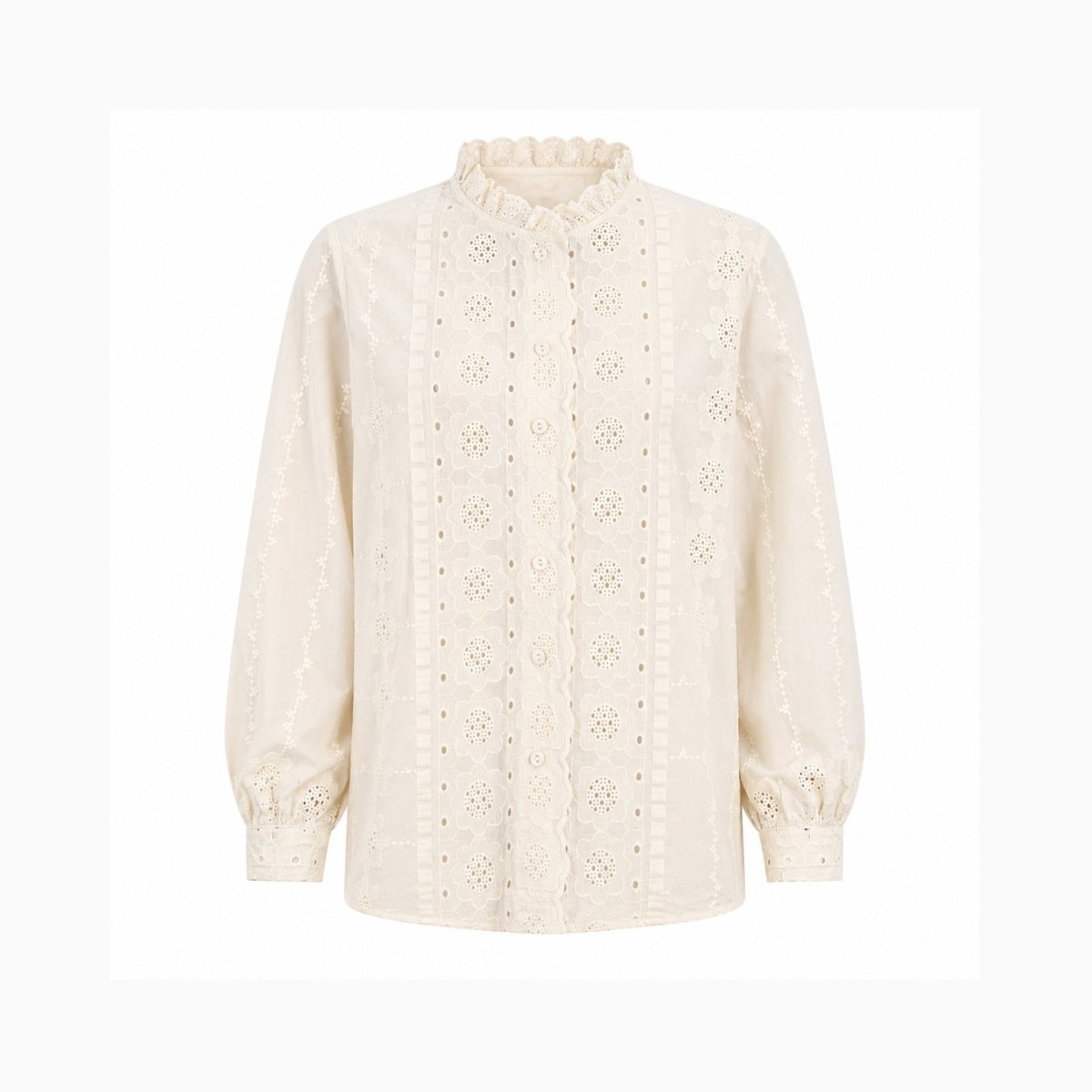 Front view product shot of an unstyled beige broderie anglaise women's blouse featuring scalloped button placket and puff sleeves.
