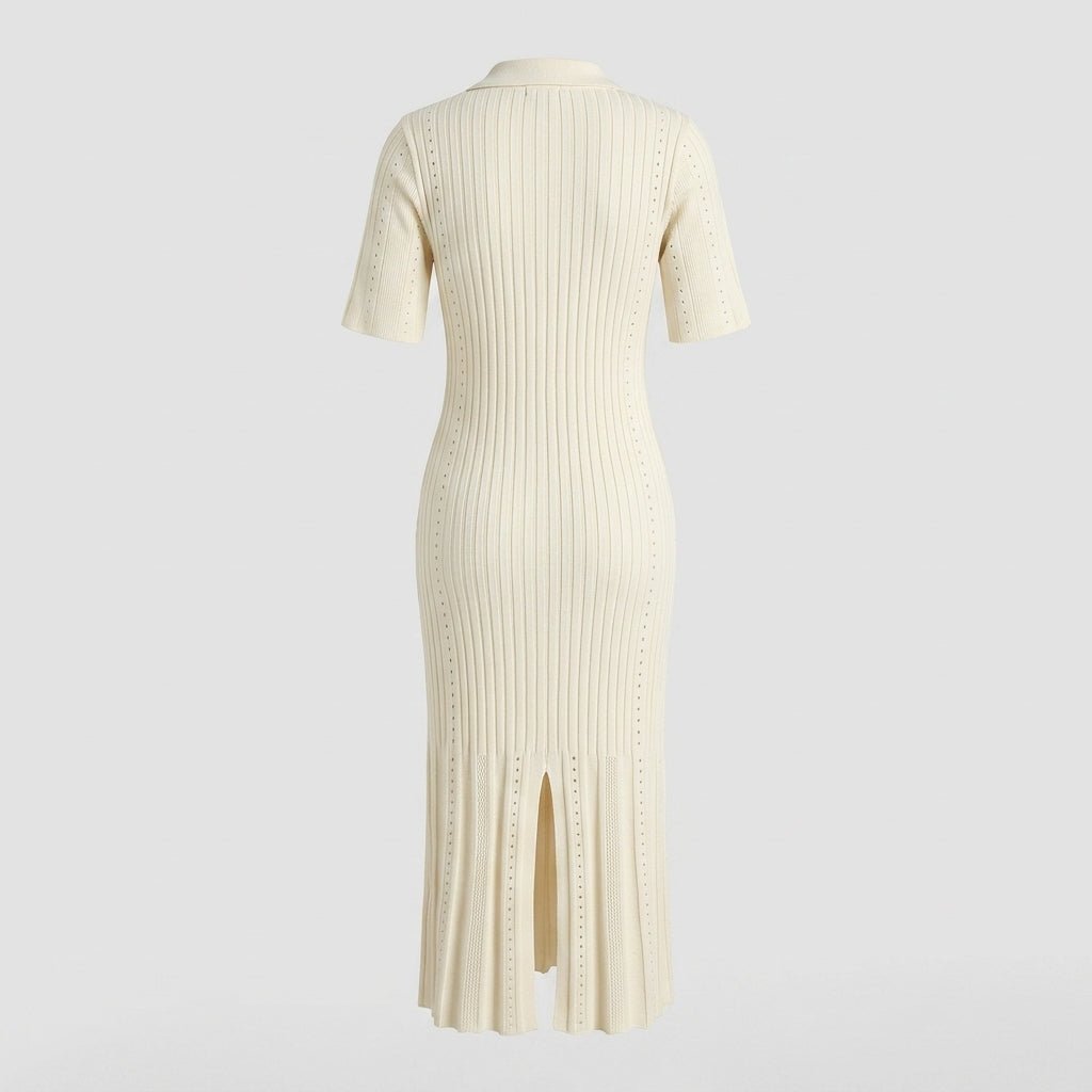Ghost mannequin back view of Kouvr beige ribbed knit polo midi dress showing ribbed texture and hem slit.