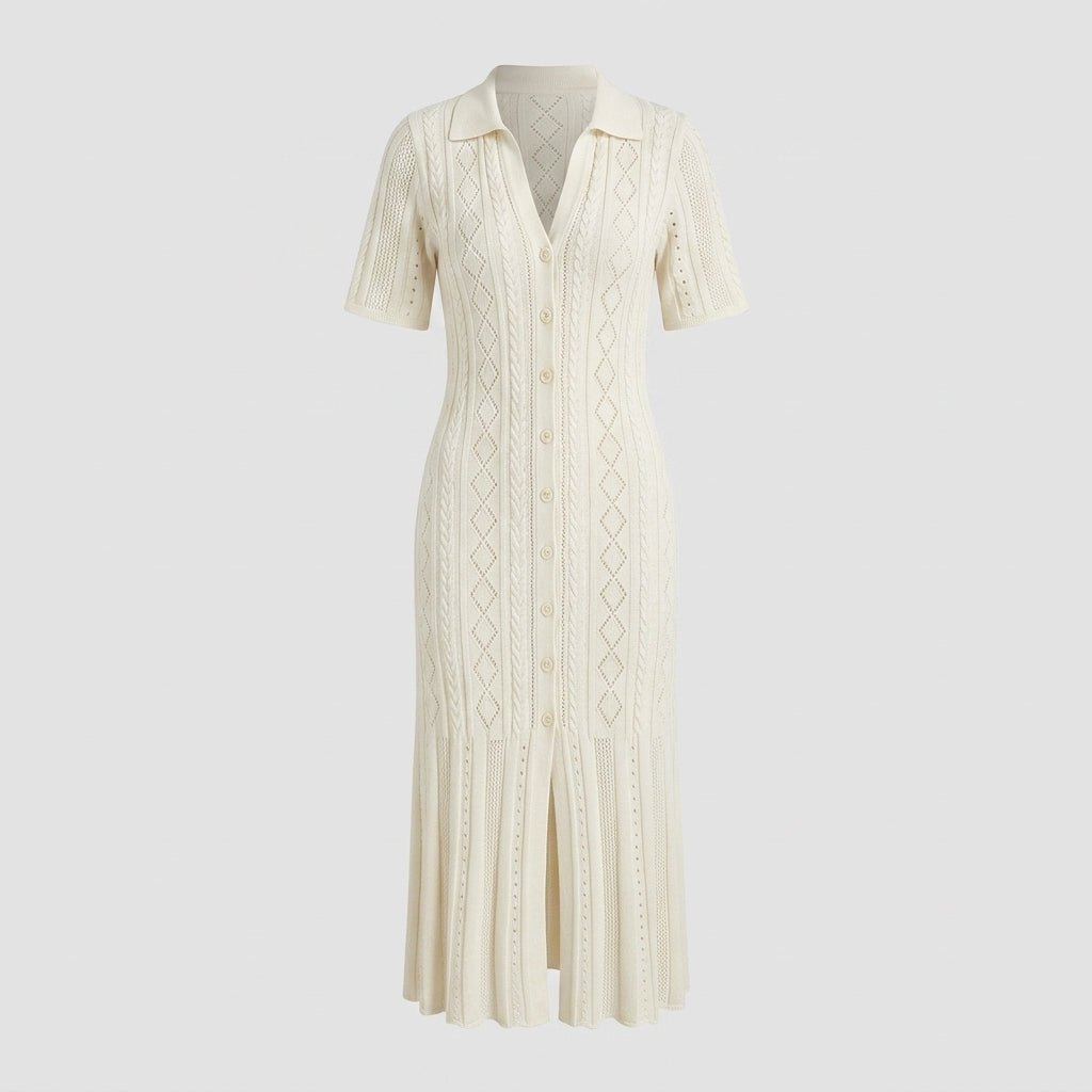Ghost mannequin front view of Kouvr beige ribbed knit polo midi dress with button front.
