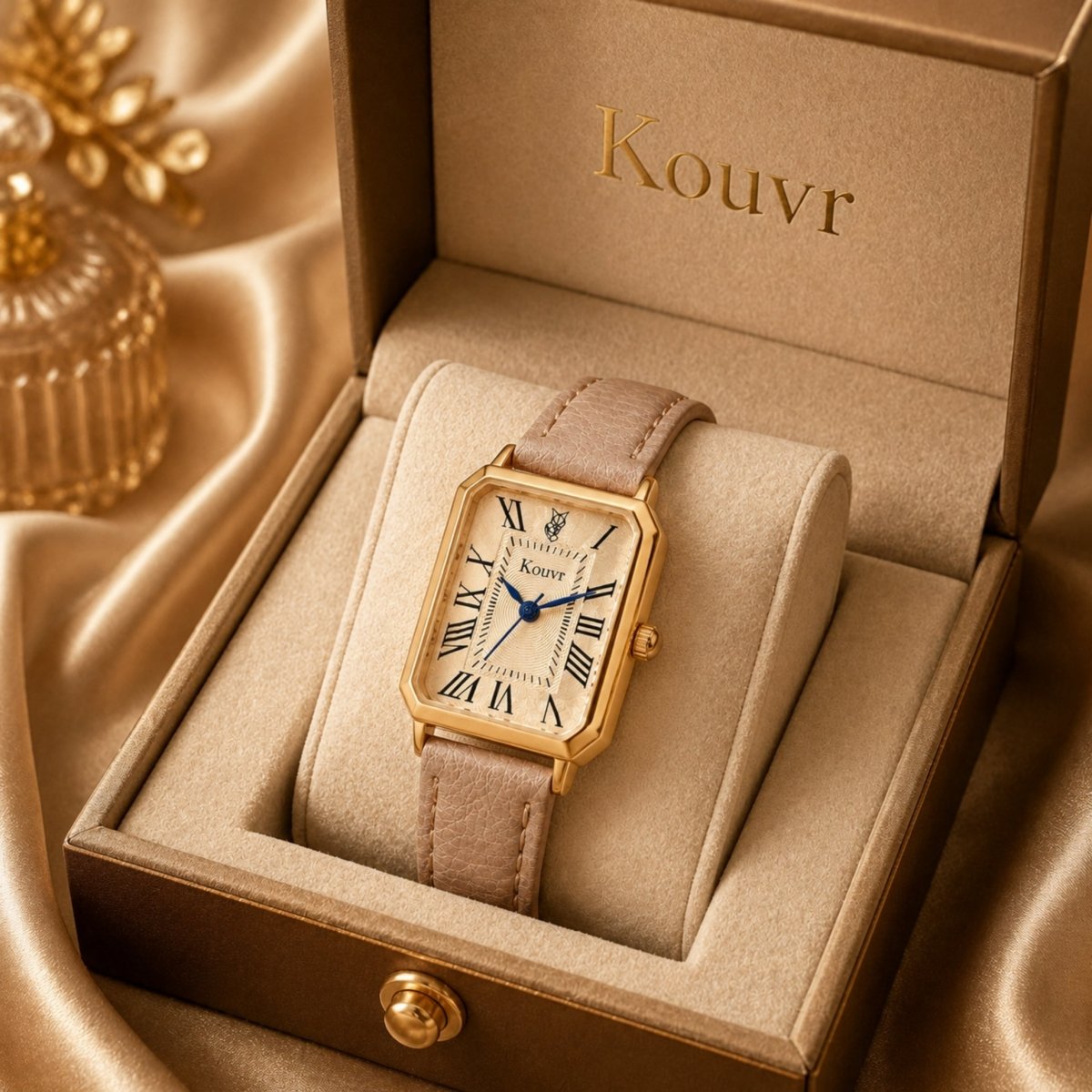 Soft beige leather Kouvr women's watch resting inside a champagne colored presentation box.