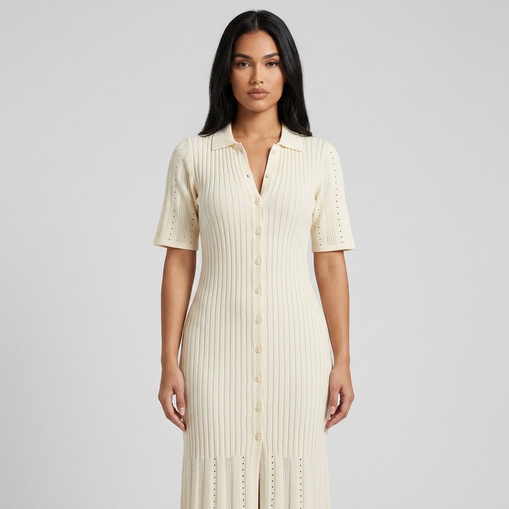 Close up of Kouvr beige knit polo dress showing v-neckline, front buttons, and diamond pointelle stitching.