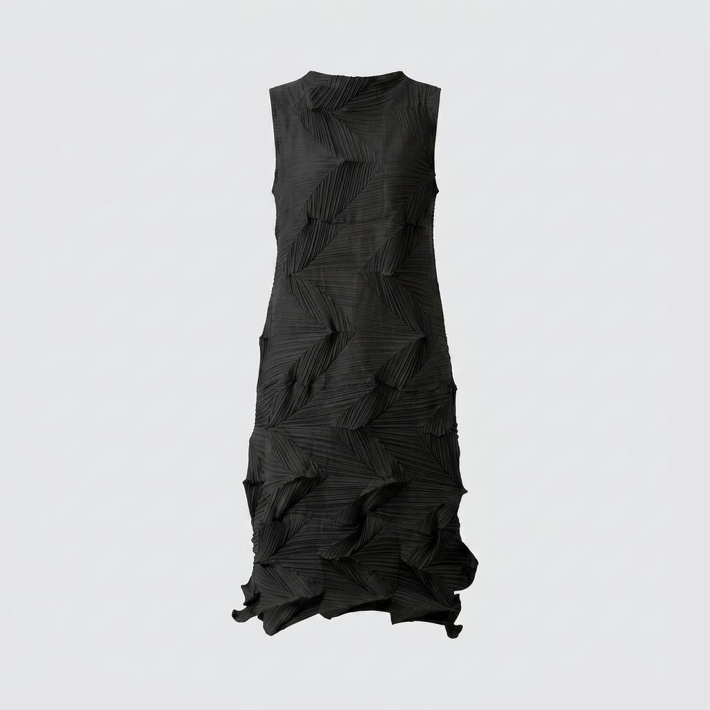 Front view flat lay of the black 3D sculptural pleated cocktail dress.
