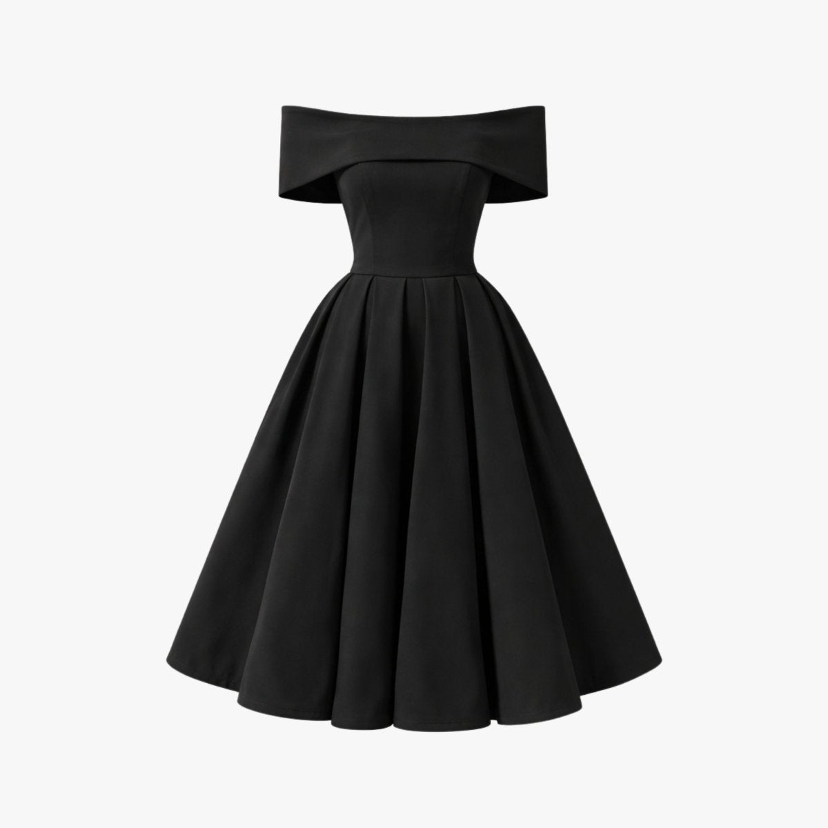 Front view of an unmodeled black off the shoulder A-line party dress showing the elegant neckline and structured pleating