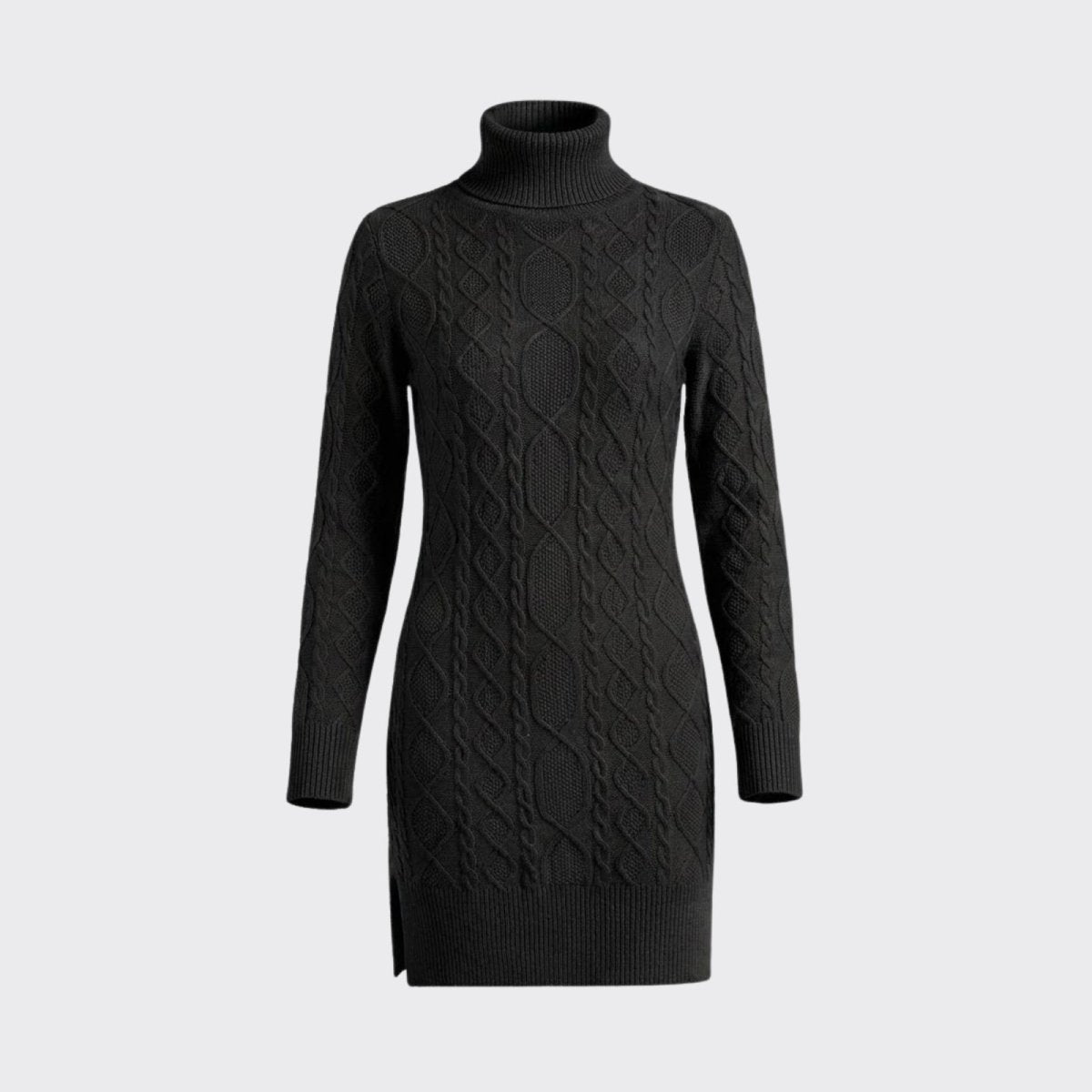 Flat lay product shot of the Kouvr Fashion black turtleneck sweater dress, showcasing the intricate diamond and rope cable-knit pattern in detail. 