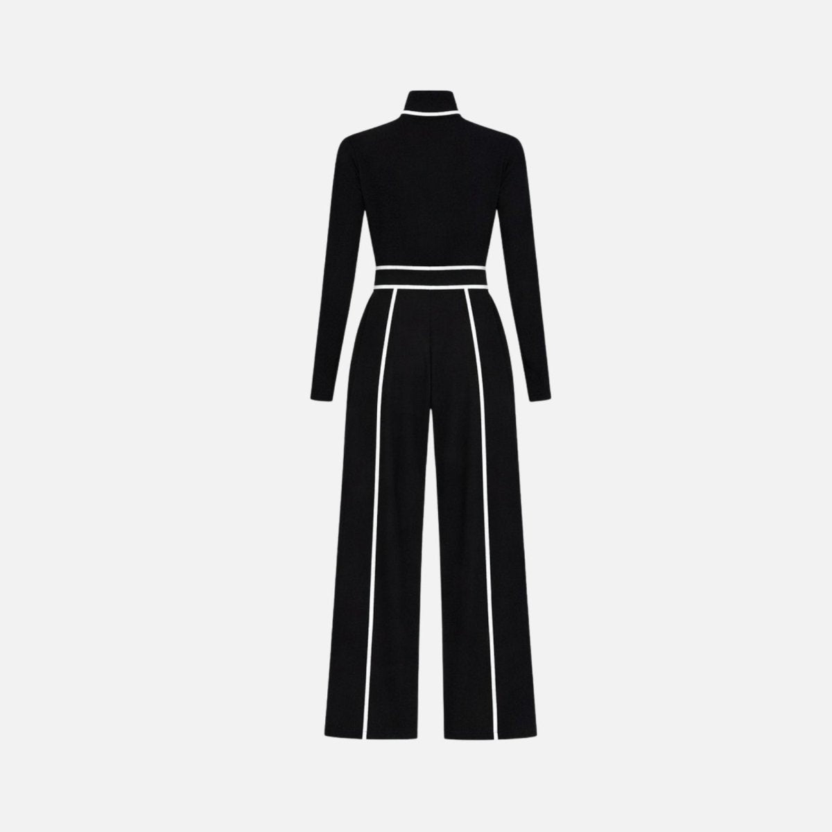 Back view flat lay of luxury black wide leg long sleeve jumpsuit highlighting structural seams and stretch fabric.