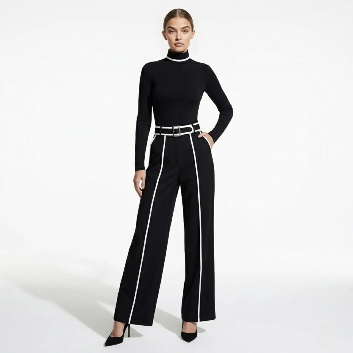 Woman wearing Kouvr black long sleeve wide leg jumpsuit with white contrast piping and belt, front view.