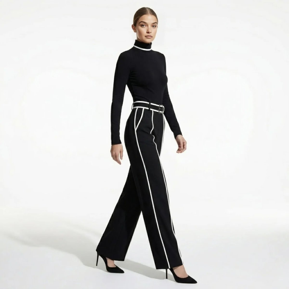 Model walking in Kouvr tailored black turtleneck jumpsuit with white trim, side profile view showing wide leg drape.
