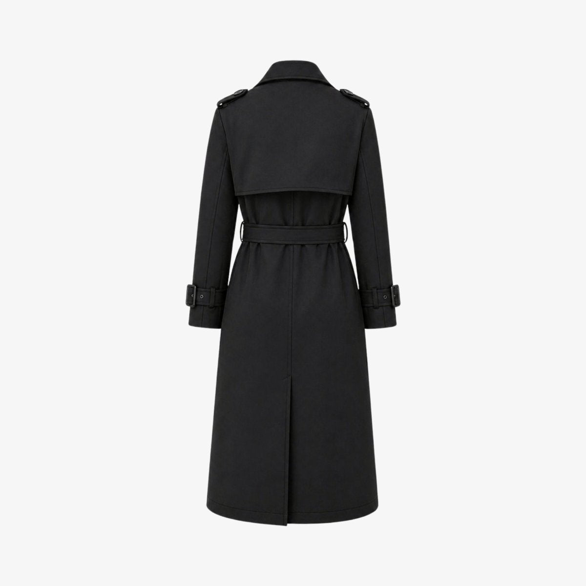 Flat lay product shot back view of women's black trench coat detailing