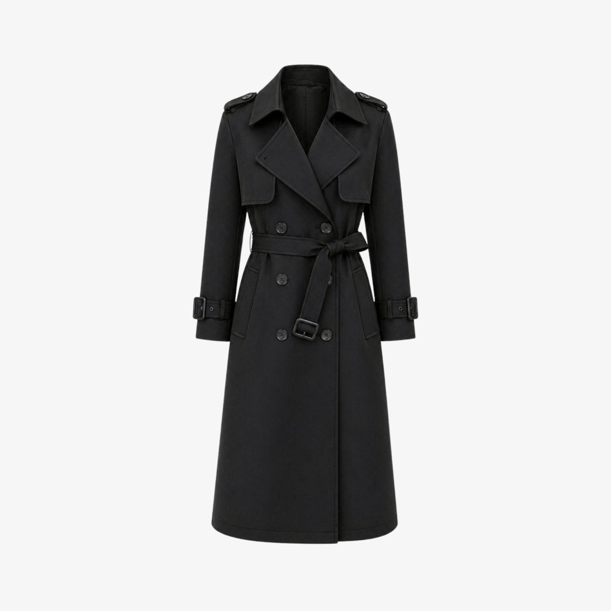 Flat lay product shot of women's black double breasted trench coat with waist belt
