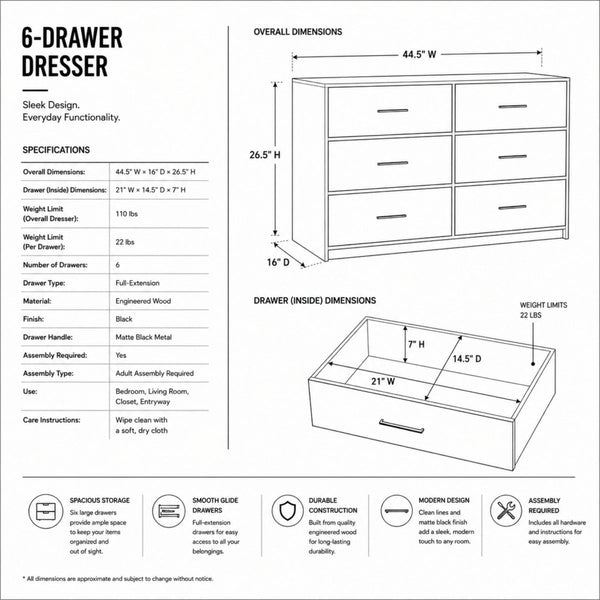 Technical specifications graphic showing overall dimensions of 44.5 inches wide by 26.5 inches high for the Kouvr modern black 6-drawer dresser.
