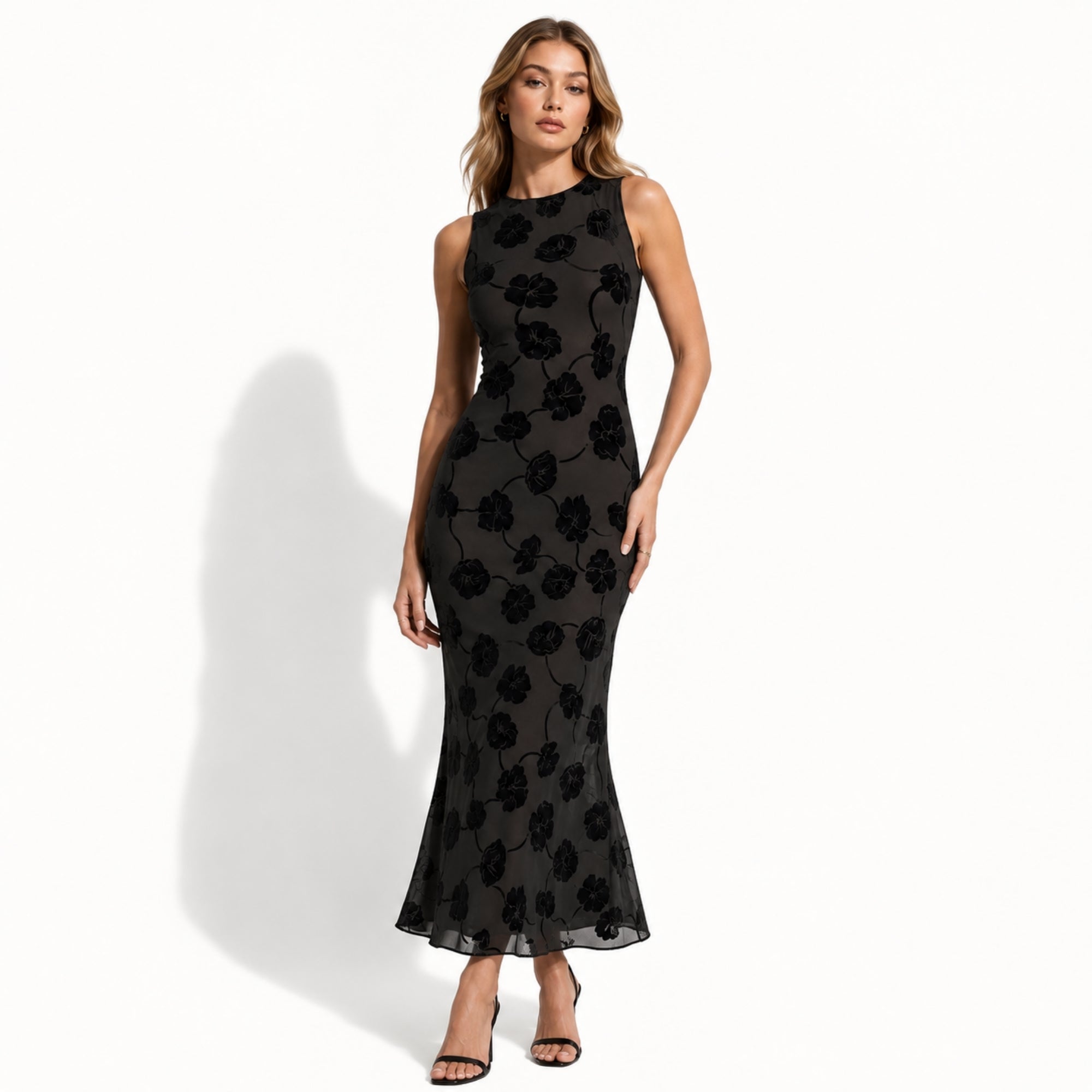  Elegant black floral burnout sleeveless maxi dress on model facing forward