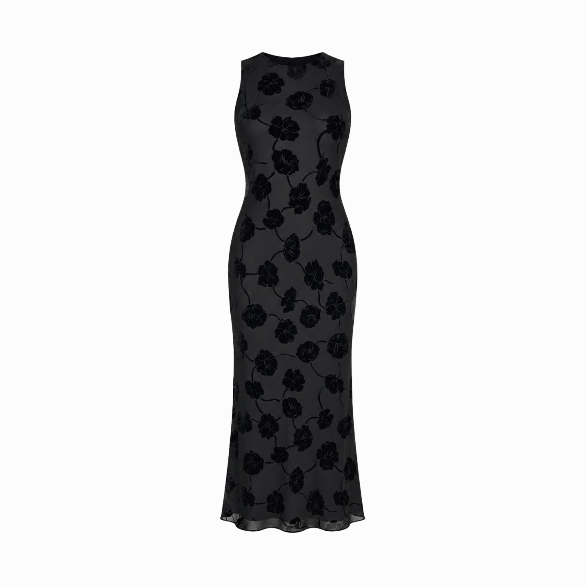 Flat lay front view of black floral textured high neck maxi dress
