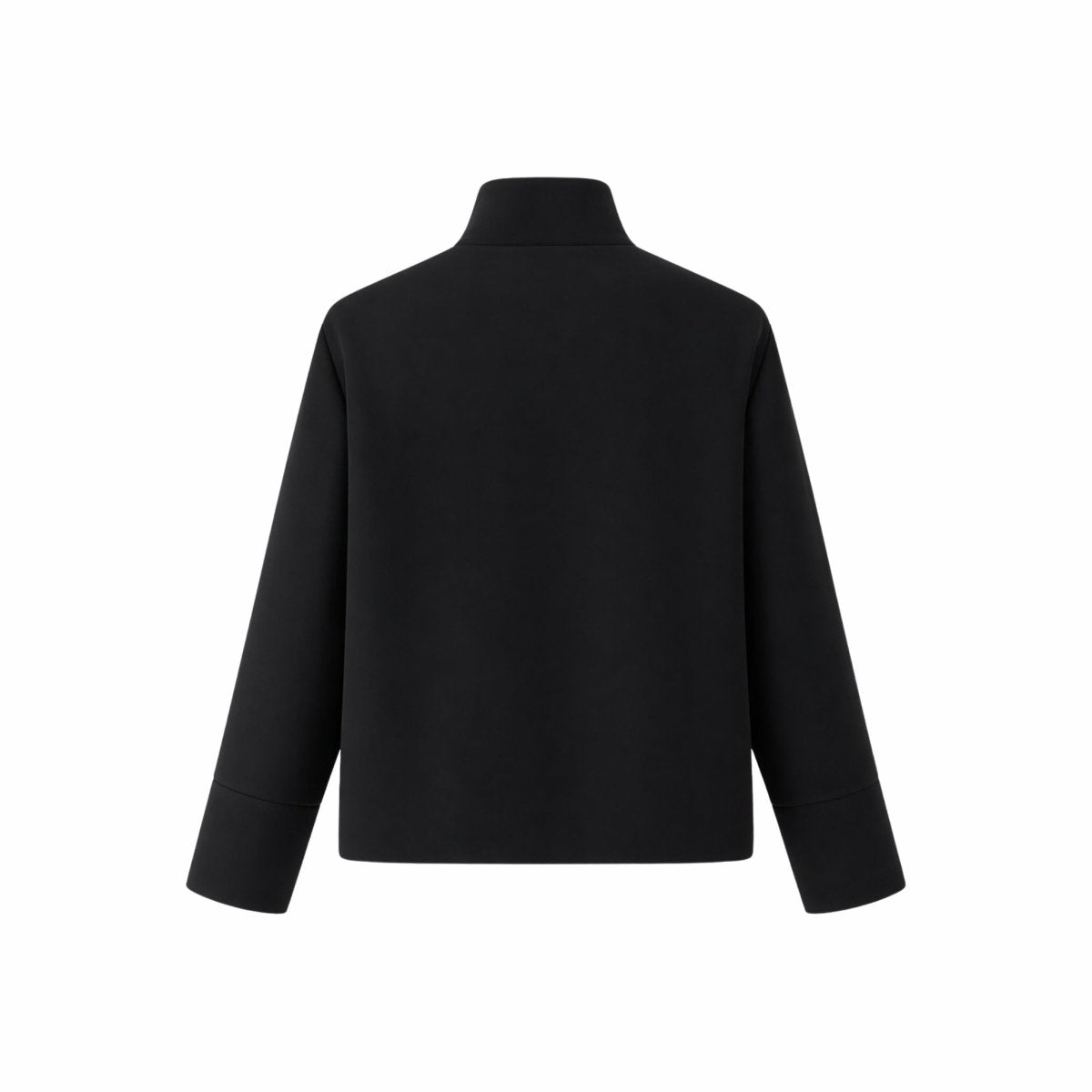 Flat lay back view of the Kouvr black minimalist cropped jacket showing clean modern tailoring and wide cuffs.