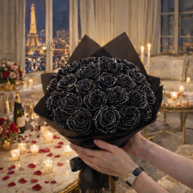 A striking bouquet of handmade black glitter roses with a black ribbon. A unique, modern luxury gift for her, set against a romantic Parisian backdrop.