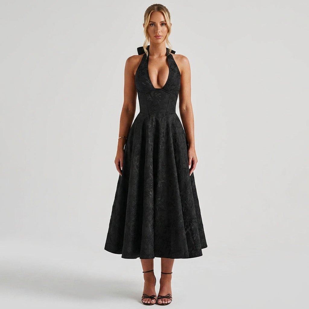 Luxury Jacquard Halter Corset Midi Dress A-Line Evening Cocktail Deep V-Neck Bow Back Formal Wedding Guest Vintage Party Gown by Kouvr Luxury Jacquard Halter Corset Midi Dress A-Line Evening Cocktail Deep V-Neck Bow Back Formal Wedding Guest Vintage Party Gown by Kouvr