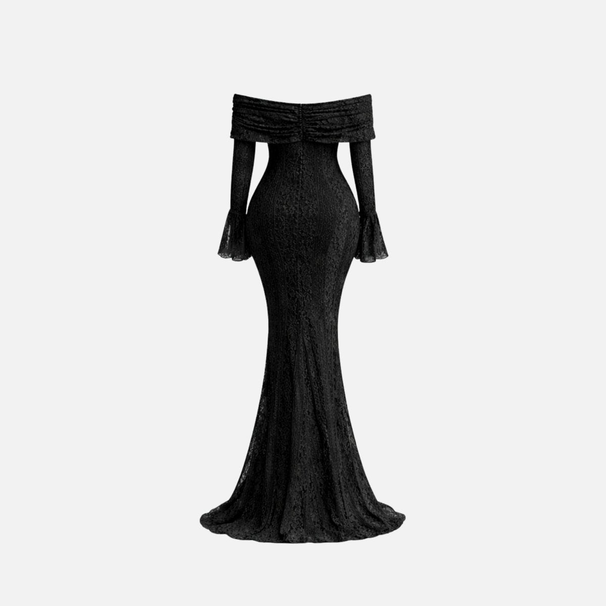 Studio back view product shot of an elegant black lace evening gown showing the off the shoulder neckline and flared mermaid hem