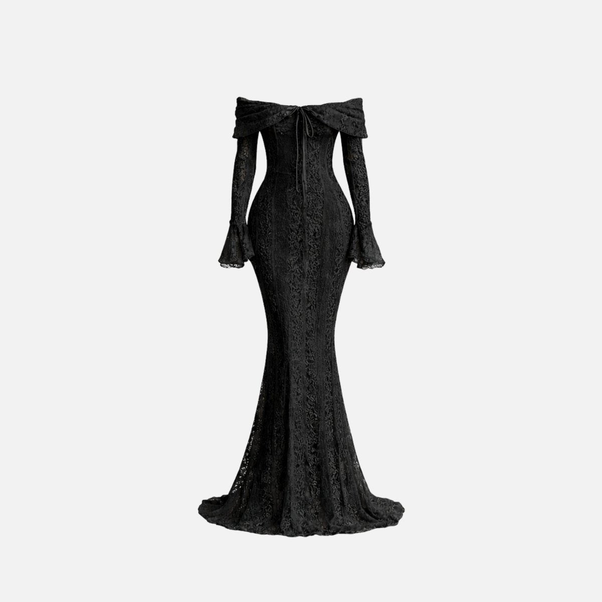Studio front view product shot of a black lace off the shoulder formal dress featuring a front tie bust detail
