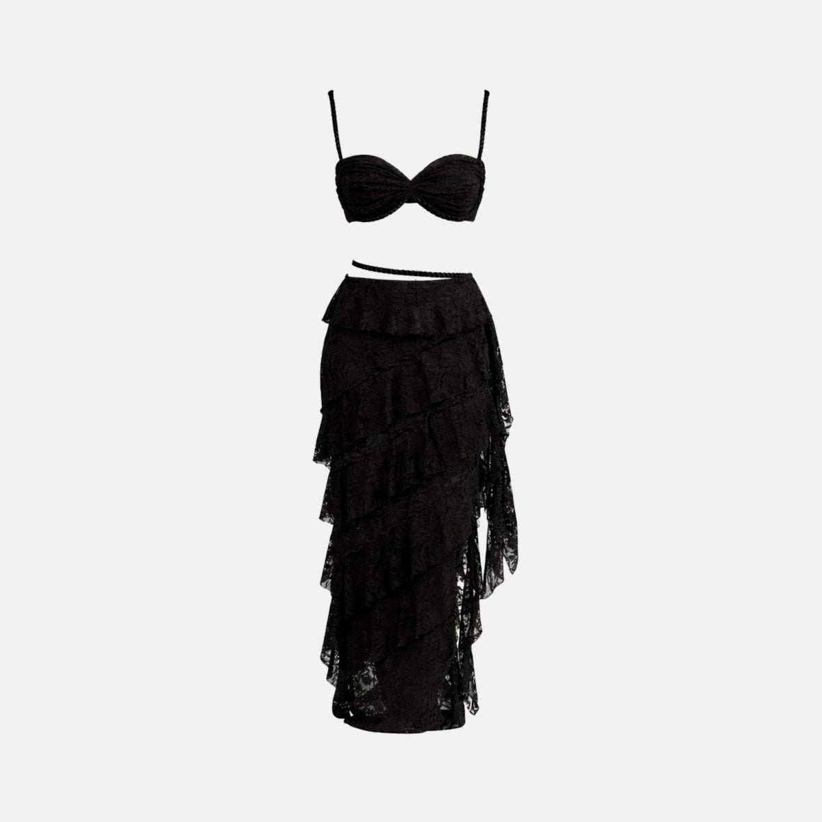 Flat lay front view of black lace tiered ruffle maxi skirt and ruched bralette matching two piece outfit