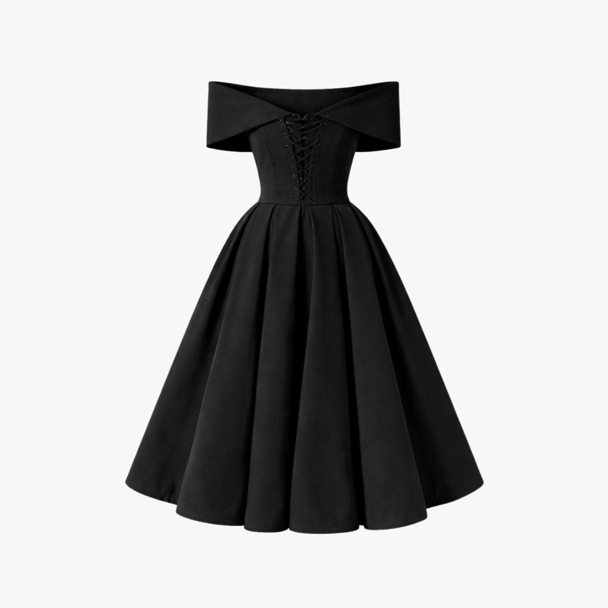 Back view of an unmodeled black evening dress displaying the adjustable lace-up corset back over a tailored pleated skirt