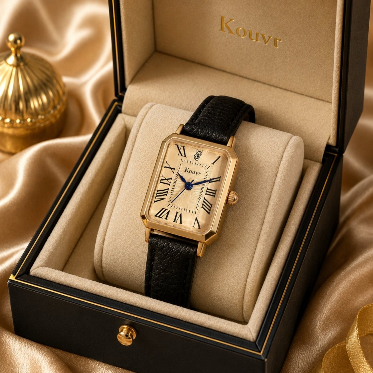 Elegant black leather women's watch nestled in a bespoke black velvet-lined box.