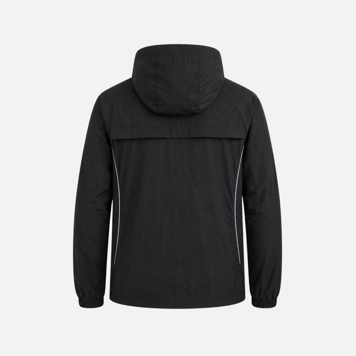 Back view of Kouvr black athletic jacket on invisible mannequin showing hood and back storm flap detail.