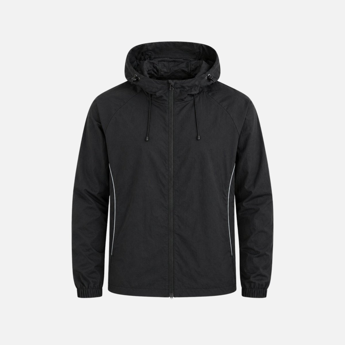Front view of Kouvr black hooded windbreaker jacket on invisible mannequin showing full zip and elastic cuffs.