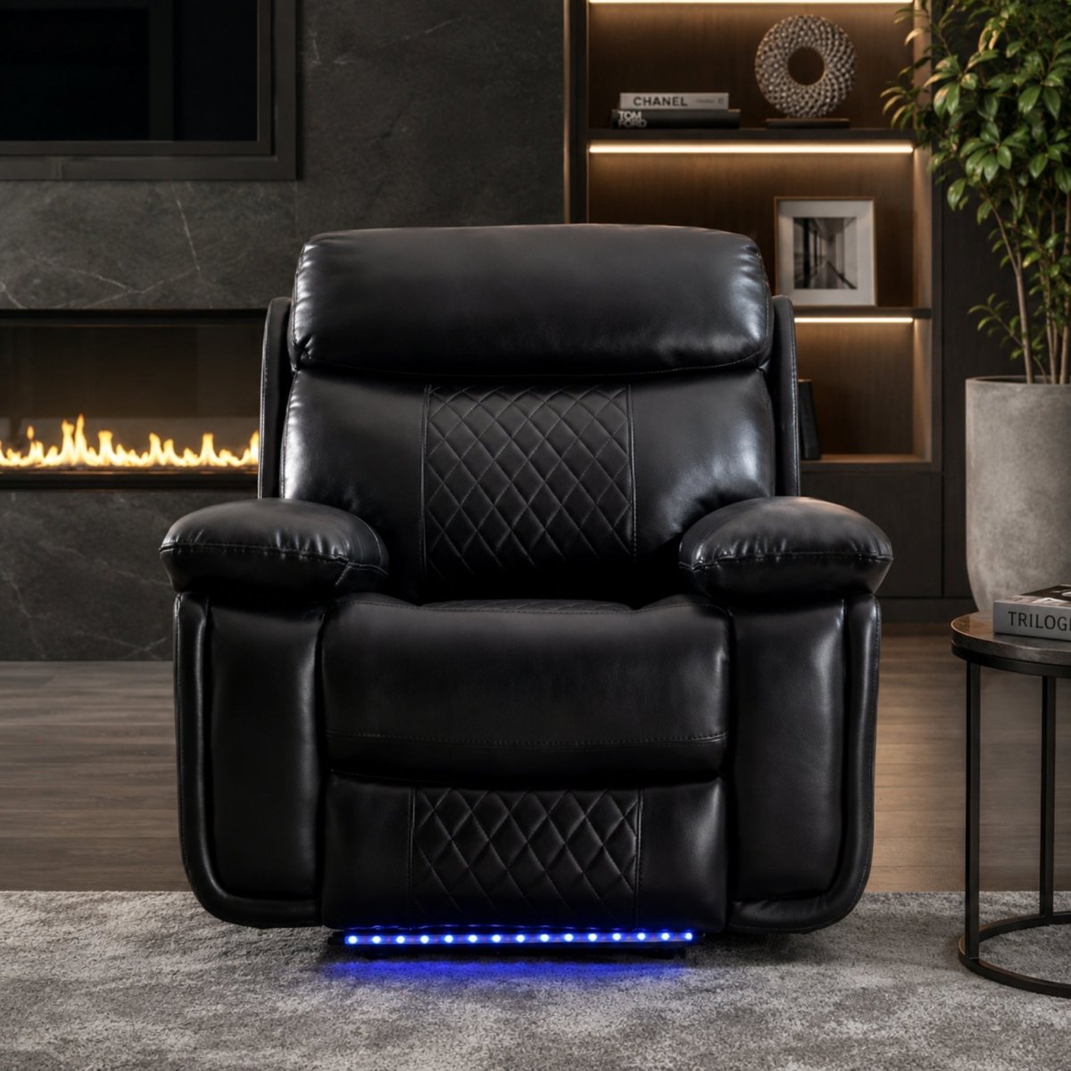 Sleek black faux leather power recliner with quilted backrest and blue LED floor light in a dark modern living room.