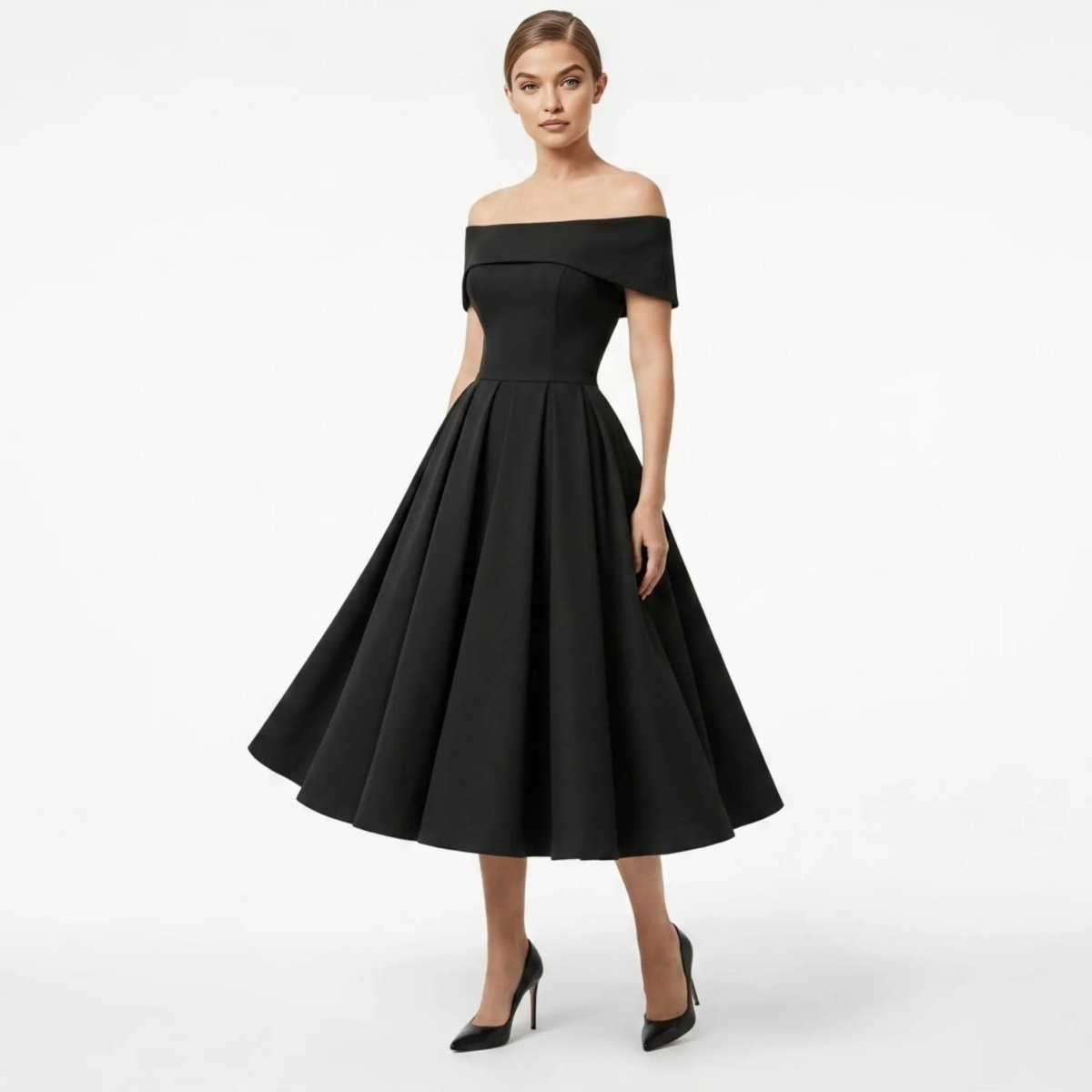 Elegant woman wearing a black off the shoulder midi dress with a structured bodice and pleated A-line skirt