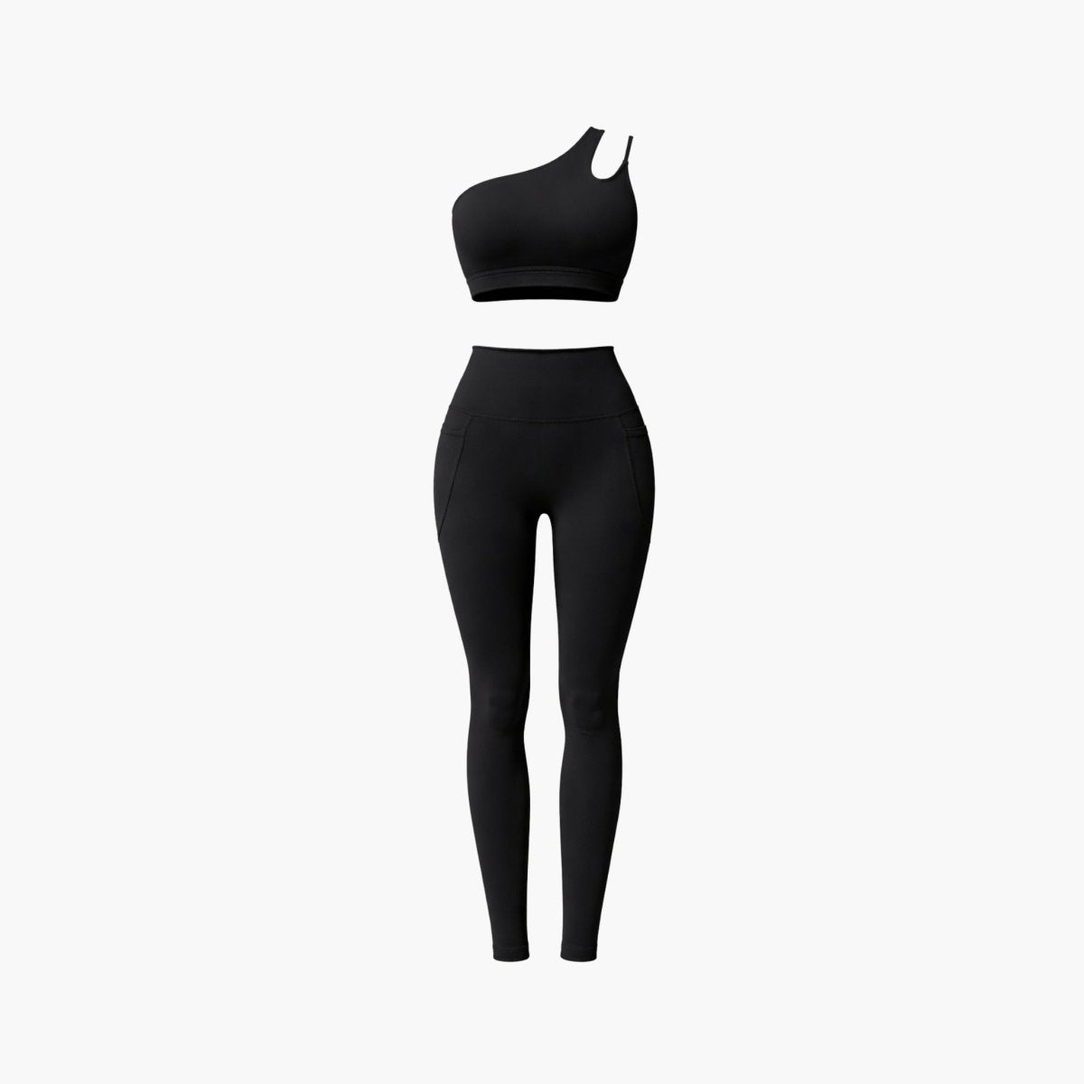 Ghost mannequin view of luxury black asymmetrical one shoulder sports bra and high waisted pocket leggings