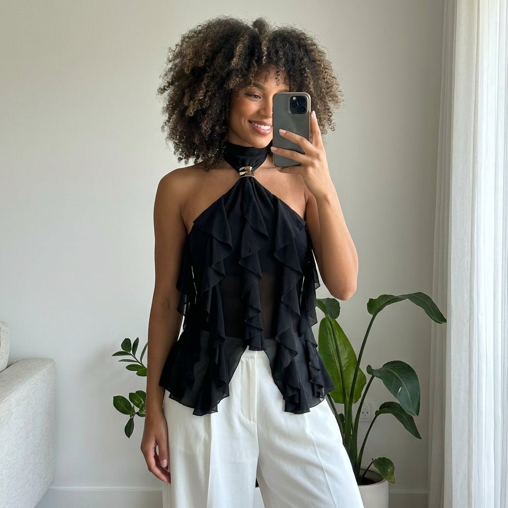 Lifestyle mirror selfie of a woman with curly hair wearing the Kouvr black ruffle high neck going out blouse and white pants in a modern home.