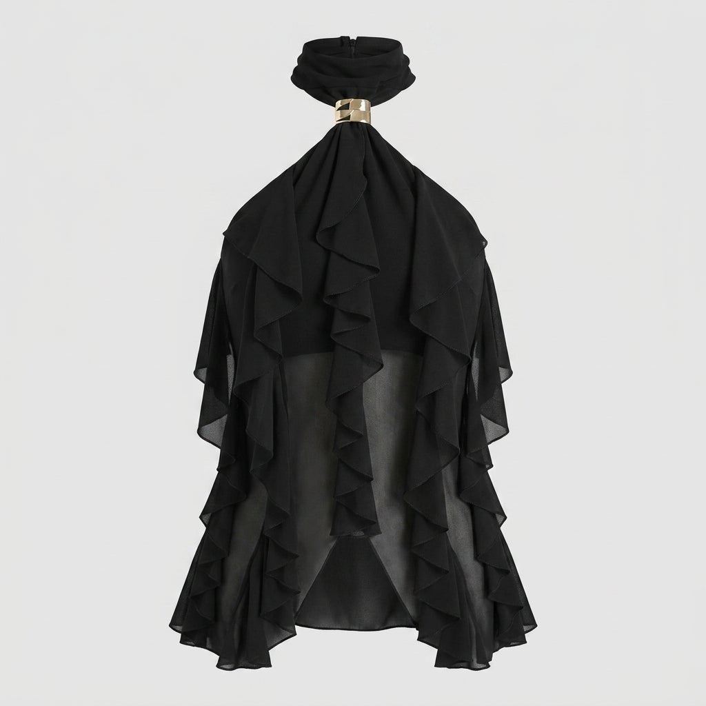Front product shot of a black sheer sleeveless blouse featuring vertical cascading ruffles and a metallic gold hardware neckline.