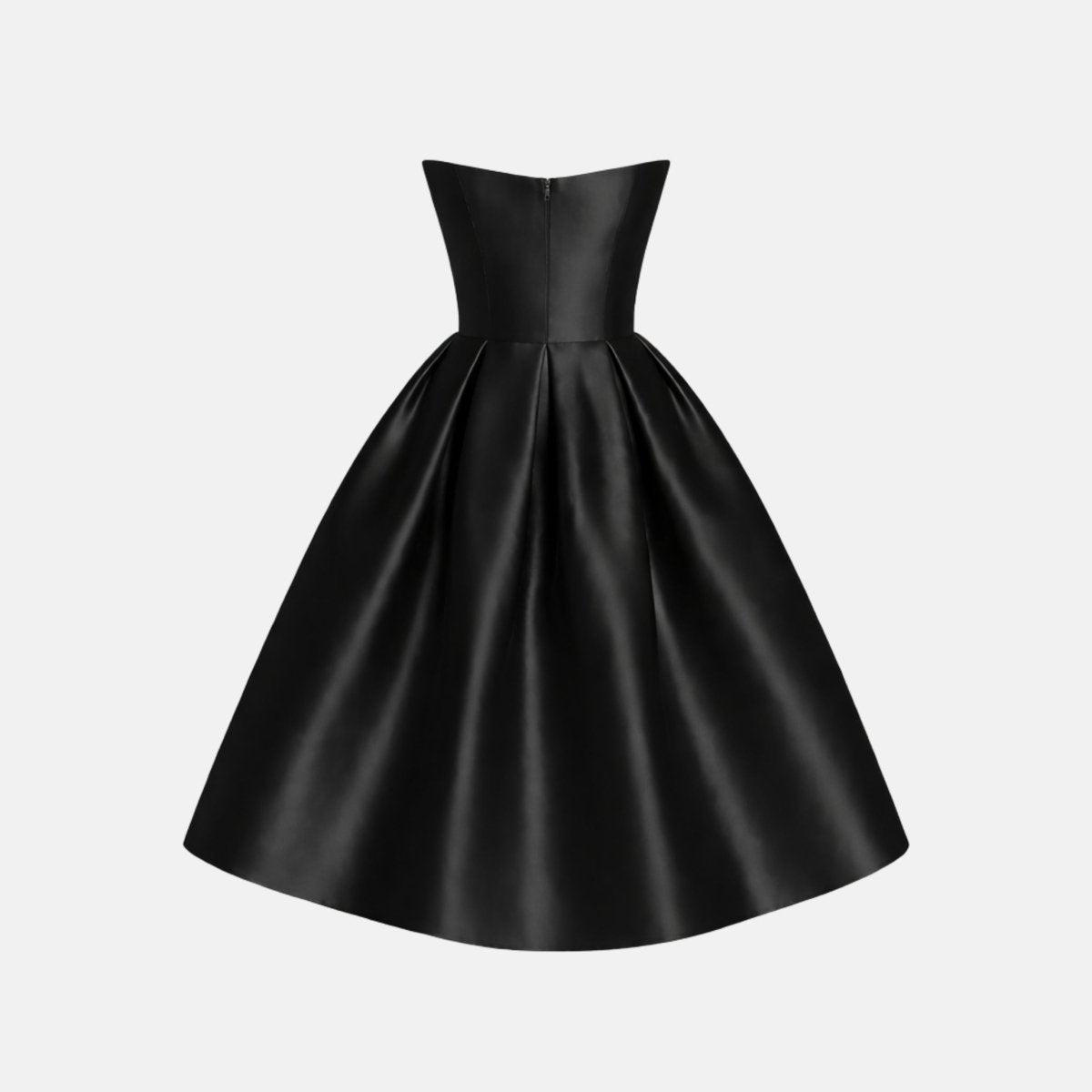 Studio product shot back view of black satin flared a-line midi dress by Kouvr