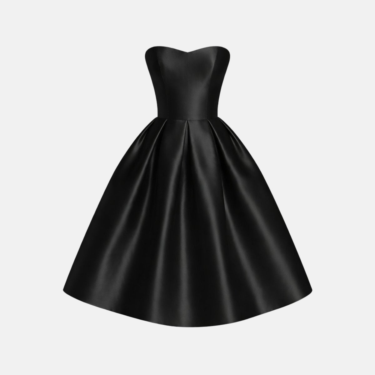 Studio product shot of black satin strapless sweetheart midi party dress by Kouvr