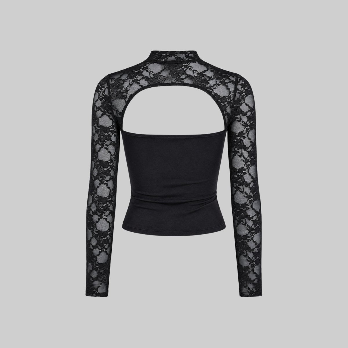  Flat lay studio shot showing the back of a black women's top highlighting the sheer lace upper and open back cutout.